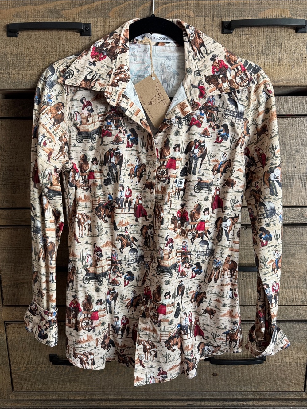 Western-Print Long Sleeve Button-Down Shirt in Beige by